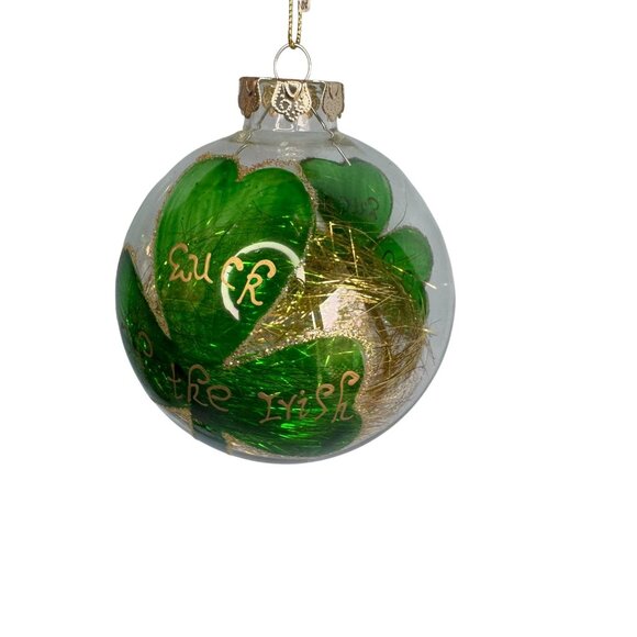 Luck of the Irish Blown Glass Ornament with Gold Tinsel & Green Shamrock 4” - Picture 4 of 6
